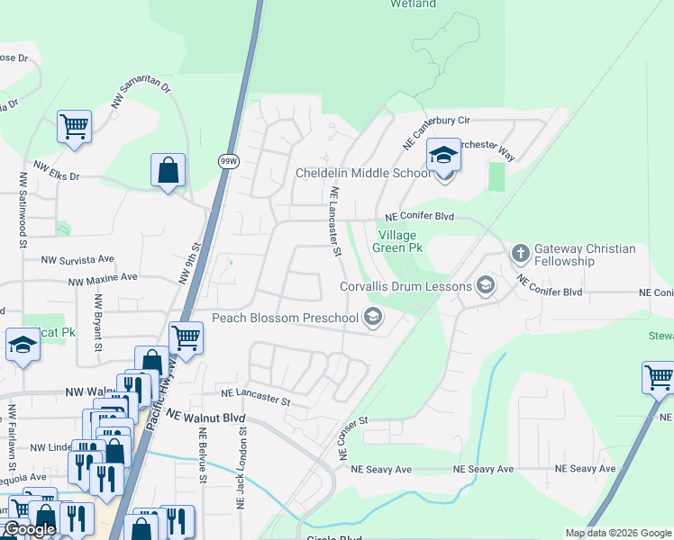 map of restaurants, bars, coffee shops, grocery stores, and more near 3020 Northeast Lancaster Street in Corvallis