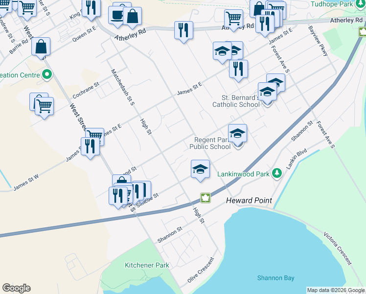 map of restaurants, bars, coffee shops, grocery stores, and more near 107 Bond Street in Orillia