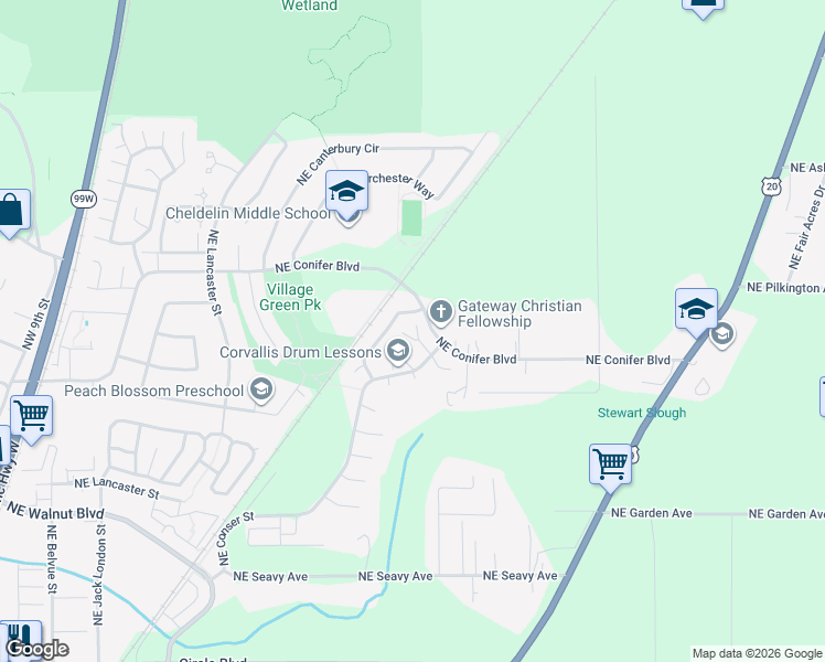 map of restaurants, bars, coffee shops, grocery stores, and more near 1128 Northeast Conser Place in Corvallis