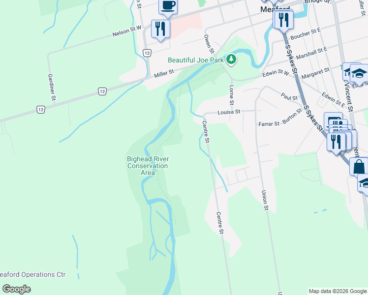 map of restaurants, bars, coffee shops, grocery stores, and more near 110 Centre Street in Meaford