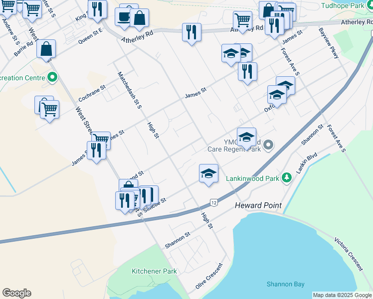 map of restaurants, bars, coffee shops, grocery stores, and more near 103 Bond Street in Orillia