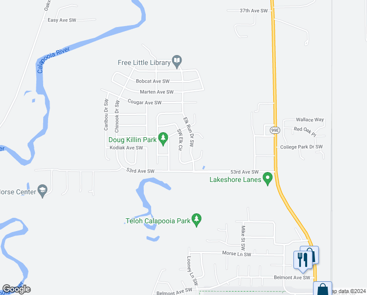 map of restaurants, bars, coffee shops, grocery stores, and more near 1653 Southwest Elk Circle in Albany