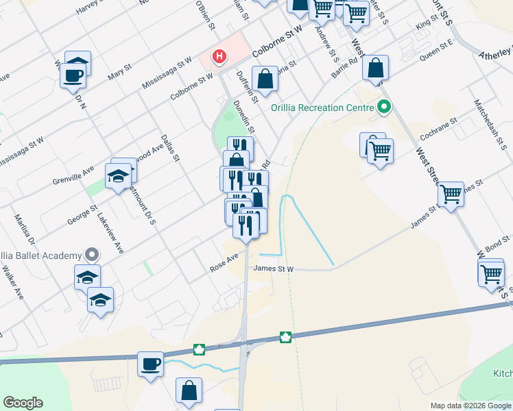 map of restaurants, bars, coffee shops, grocery stores, and more near 190 Memorial Avenue in Orillia
