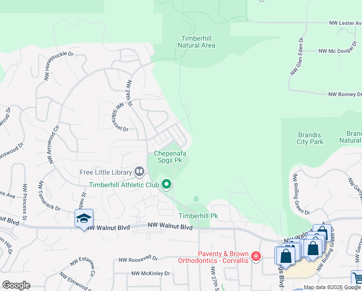 map of restaurants, bars, coffee shops, grocery stores, and more near 2807 Northwest Morning Glory Drive in Corvallis