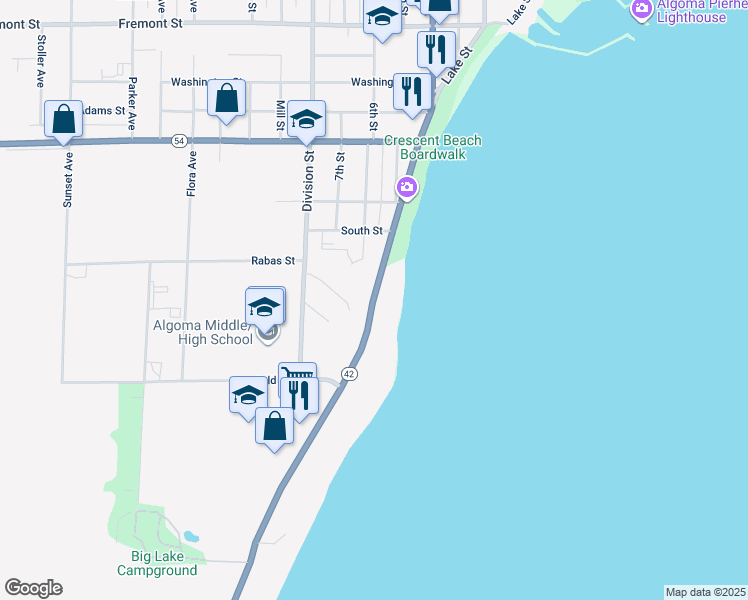 map of restaurants, bars, coffee shops, grocery stores, and more near 1614 Lake Street in Algoma