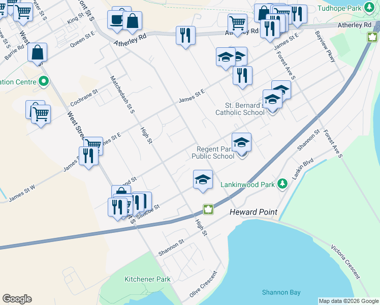 map of restaurants, bars, coffee shops, grocery stores, and more near 115 Bond Street in Orillia