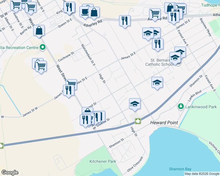 map of restaurants, bars, coffee shops, grocery stores, and more near 424 High Street in Orillia