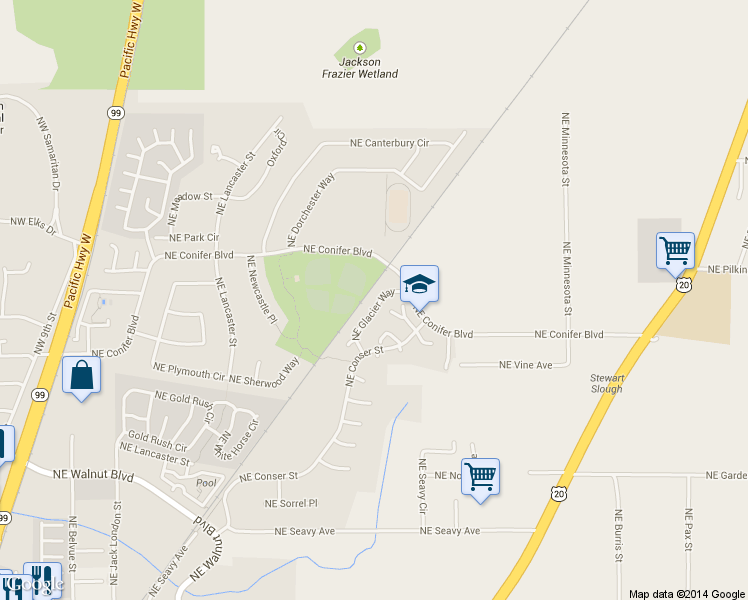 map of restaurants, bars, coffee shops, grocery stores, and more near 1122 Northeast Conser Place in Corvallis
