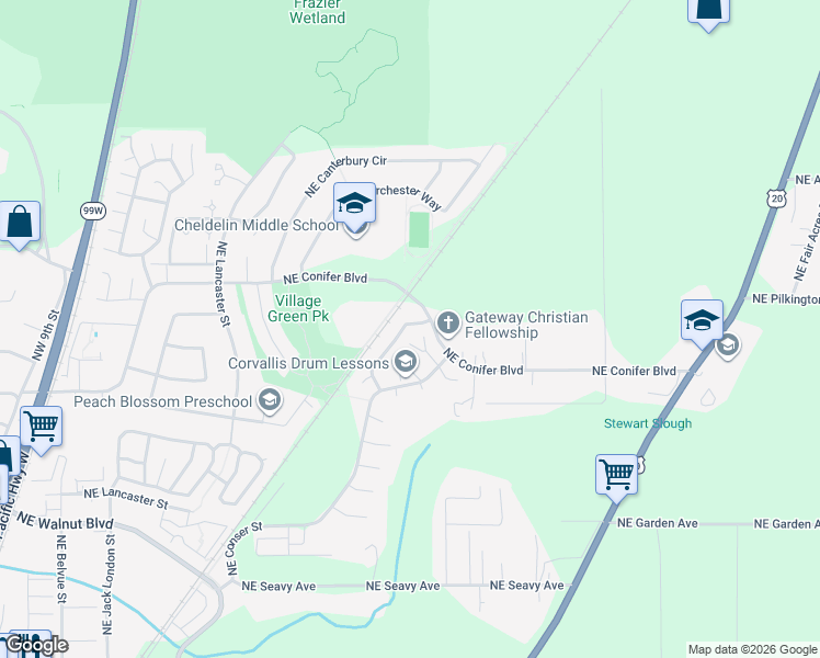 map of restaurants, bars, coffee shops, grocery stores, and more near 1122 Northeast Conser Place in Corvallis