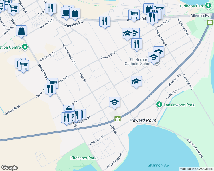 map of restaurants, bars, coffee shops, grocery stores, and more near 101 Bond Street in Orillia