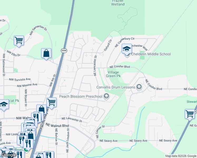 map of restaurants, bars, coffee shops, grocery stores, and more near 3035 Northeast Lancaster Street in Corvallis