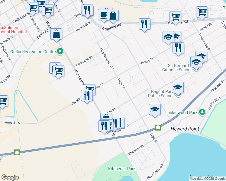 map of restaurants, bars, coffee shops, grocery stores, and more near 15 Keith Street in Orillia
