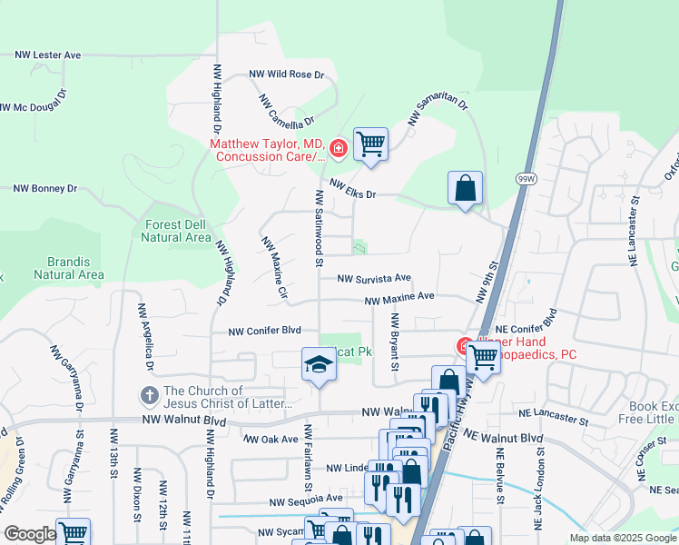 map of restaurants, bars, coffee shops, grocery stores, and more near 669 Northwest Mirador Place in Corvallis