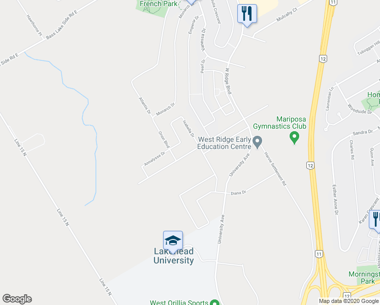 map of restaurants, bars, coffee shops, grocery stores, and more near 3047 Stone Ridge Boulevard in Orillia