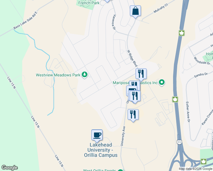 map of restaurants, bars, coffee shops, grocery stores, and more near 2997 Stone Ridge Boulevard in Orillia