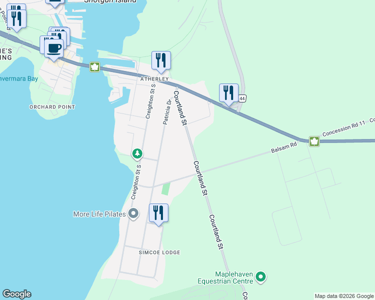 map of restaurants, bars, coffee shops, grocery stores, and more near 45 Courtland Street in Orillia