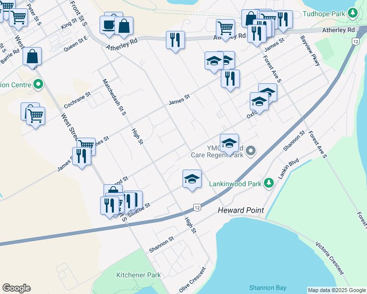map of restaurants, bars, coffee shops, grocery stores, and more near 416 Gill Street in Orillia