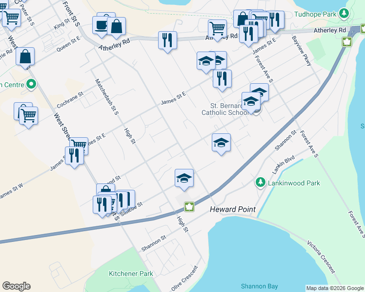 map of restaurants, bars, coffee shops, grocery stores, and more near 416 Gill Street in Orillia