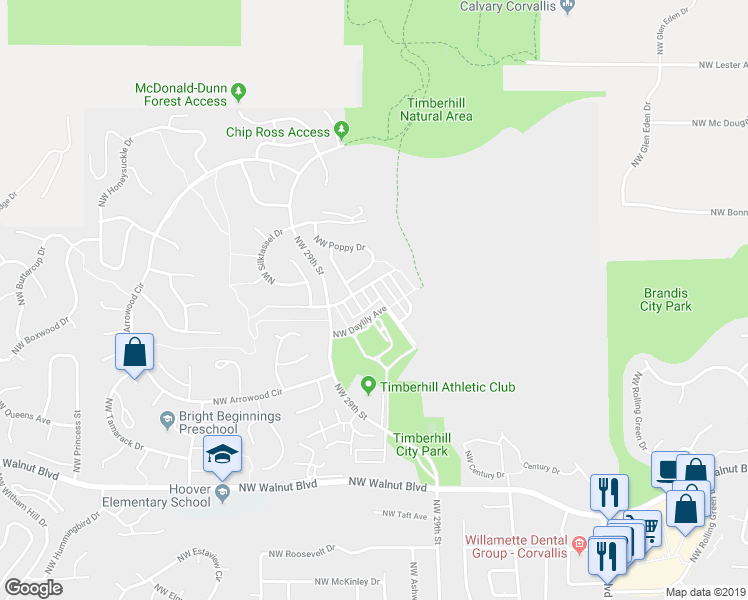map of restaurants, bars, coffee shops, grocery stores, and more near 3313 Northwest Poppy Drive in Corvallis