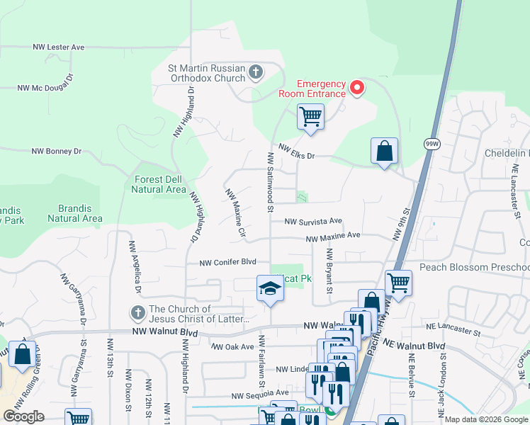 map of restaurants, bars, coffee shops, grocery stores, and more near 3174 Northwest Satinwood Street in Corvallis