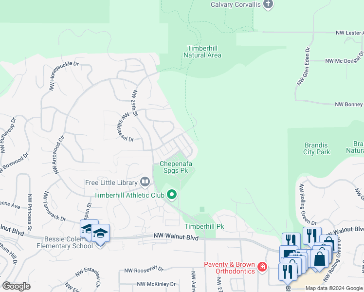 map of restaurants, bars, coffee shops, grocery stores, and more near 3113 Northwest Shooting Star Drive in Corvallis