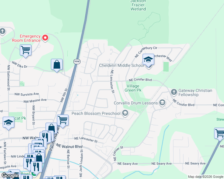 map of restaurants, bars, coffee shops, grocery stores, and more near 200 Northeast Plymouth Circle in Corvallis