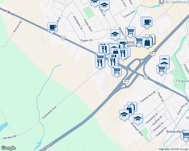 map of restaurants, bars, coffee shops, grocery stores, and more near 3069 Parkedale Avenue in Brockville
