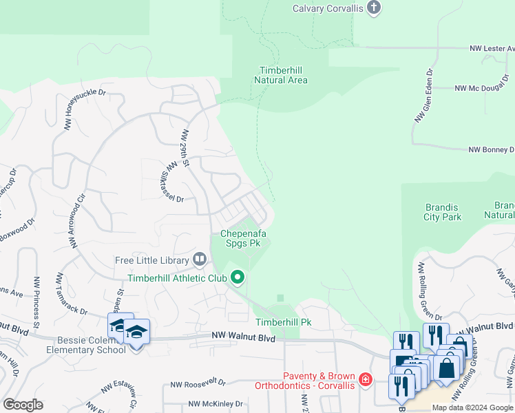 map of restaurants, bars, coffee shops, grocery stores, and more near 3108 Northwest Morning Glory Drive in Corvallis