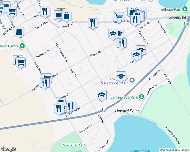 map of restaurants, bars, coffee shops, grocery stores, and more near 122 Bond Street in Orillia