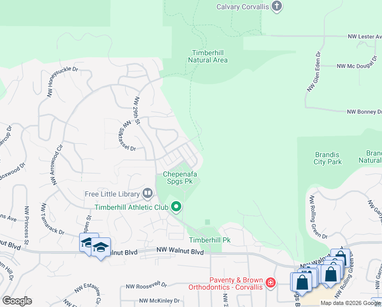 map of restaurants, bars, coffee shops, grocery stores, and more near 3199 Northwest Morning Glory Drive in Corvallis