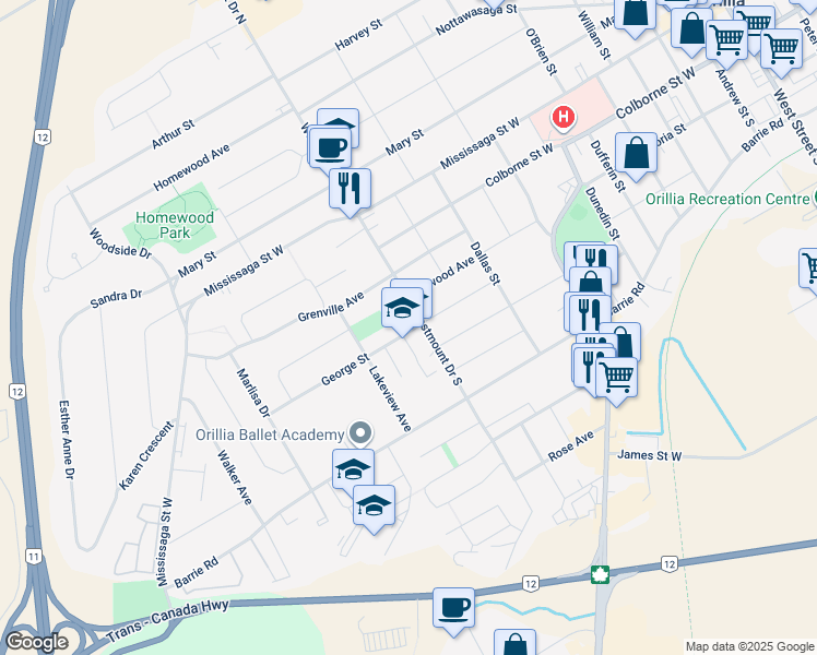 map of restaurants, bars, coffee shops, grocery stores, and more near 81 Westmount Drive South in Orillia