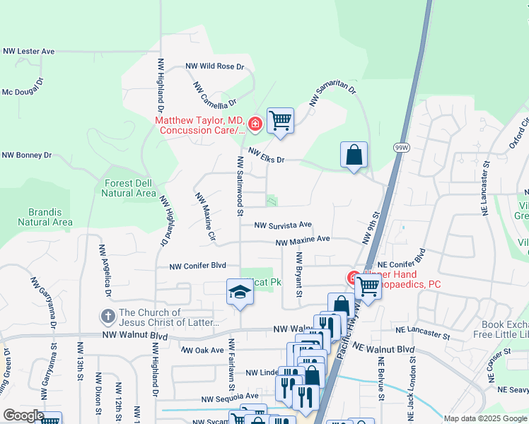 map of restaurants, bars, coffee shops, grocery stores, and more near 644 Northwest Mirador Place in Corvallis