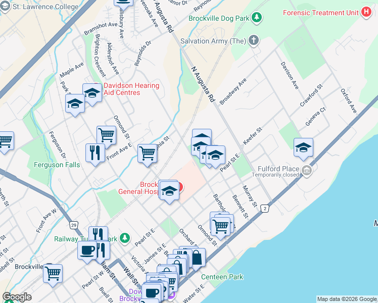 map of restaurants, bars, coffee shops, grocery stores, and more near Bartholomew Street in Brockville