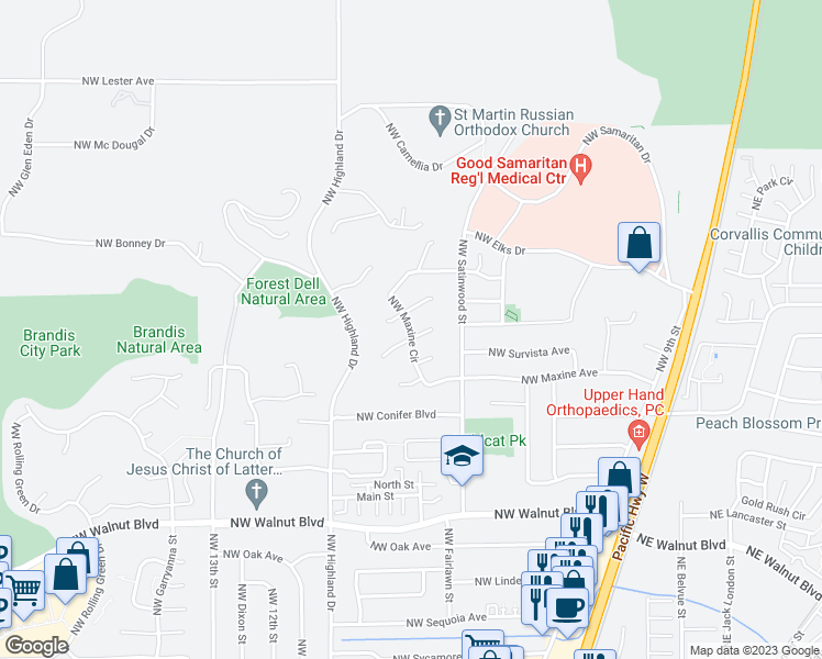 map of restaurants, bars, coffee shops, grocery stores, and more near 3242 Northwest Maxine Circle in Corvallis