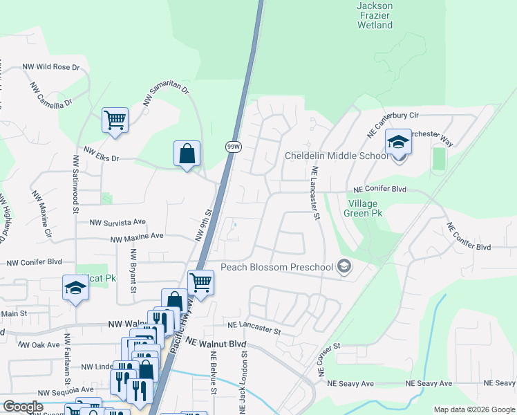 map of restaurants, bars, coffee shops, grocery stores, and more near 3107 Powderhorn Place in Corvallis