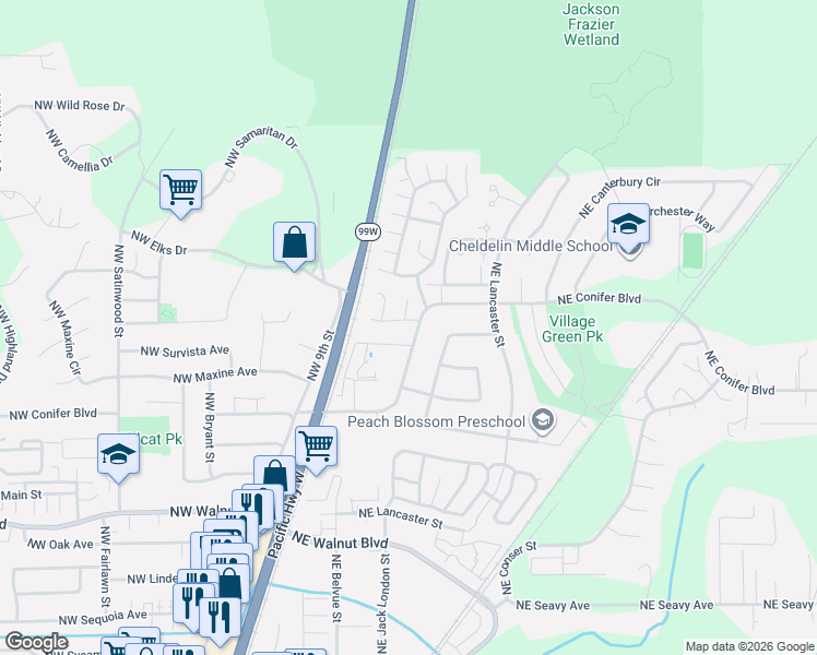map of restaurants, bars, coffee shops, grocery stores, and more near 3107 Powderhorn Place in Corvallis