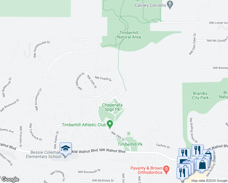 map of restaurants, bars, coffee shops, grocery stores, and more near 3191 Northwest Shooting Star Drive in Corvallis