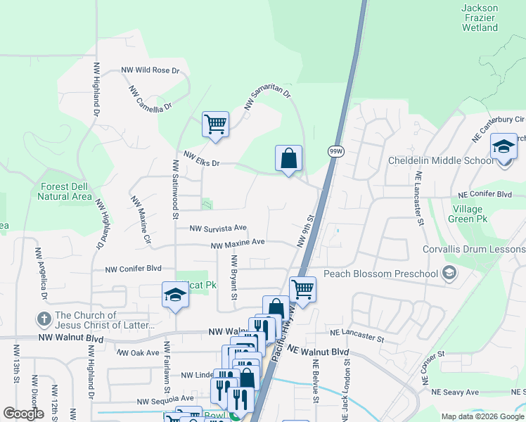 map of restaurants, bars, coffee shops, grocery stores, and more near 3136 Northwest Autumn Street in Corvallis