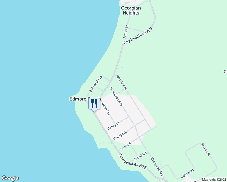 map of restaurants, bars, coffee shops, grocery stores, and more near 11 Evergreen Avenue in Simcoe County