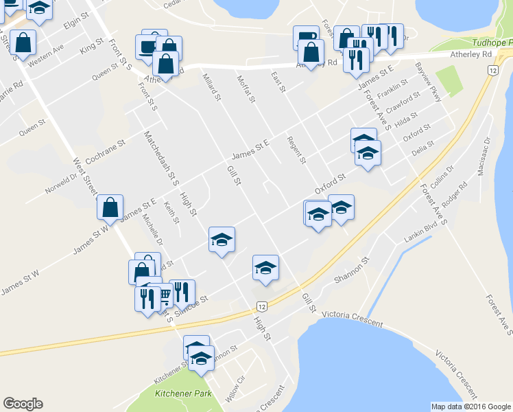 map of restaurants, bars, coffee shops, grocery stores, and more near 416 Gill Street in Orillia