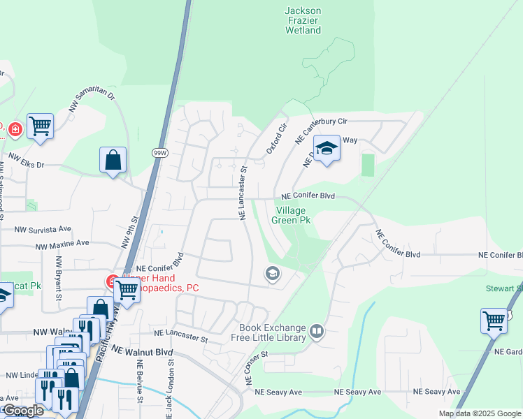 map of restaurants, bars, coffee shops, grocery stores, and more near 3152 Northeast Newcastle Place in Corvallis