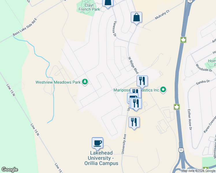 map of restaurants, bars, coffee shops, grocery stores, and more near 98 Isabella Drive in Orillia