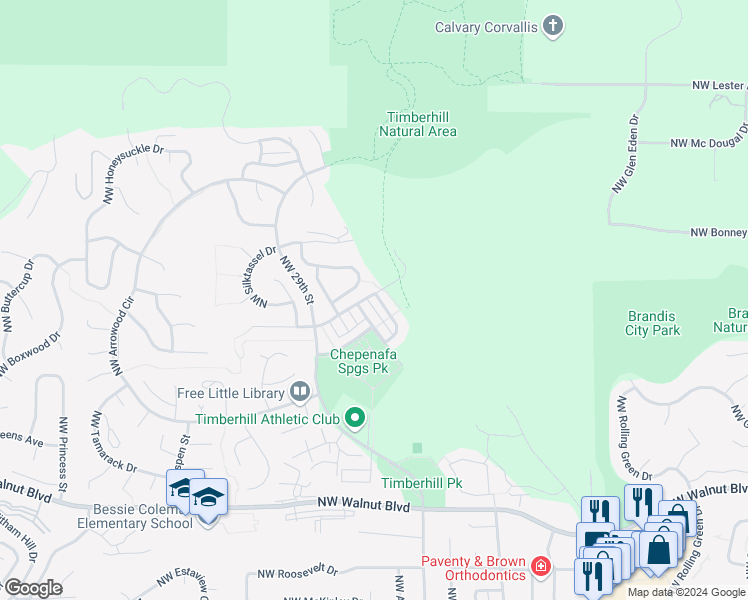 map of restaurants, bars, coffee shops, grocery stores, and more near 3210 Northwest Morning Glory Drive in Corvallis