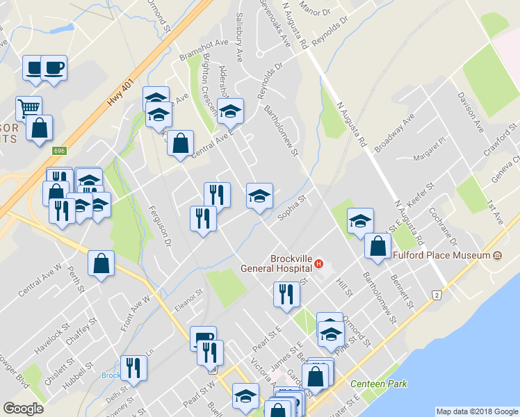 map of restaurants, bars, coffee shops, grocery stores, and more near 95 Ormond Street in Brockville