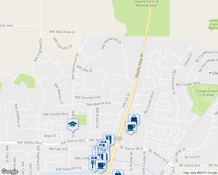 map of restaurants, bars, coffee shops, grocery stores, and more near 3136 Northwest Autumn Street in Corvallis