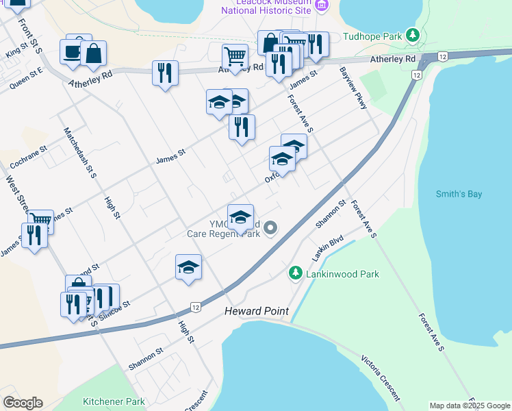 map of restaurants, bars, coffee shops, grocery stores, and more near 470 Regent Street in Orillia