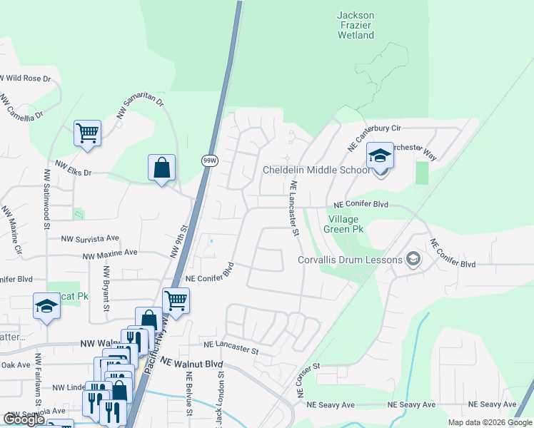 map of restaurants, bars, coffee shops, grocery stores, and more near 302 Northeast Conifer Boulevard in Corvallis
