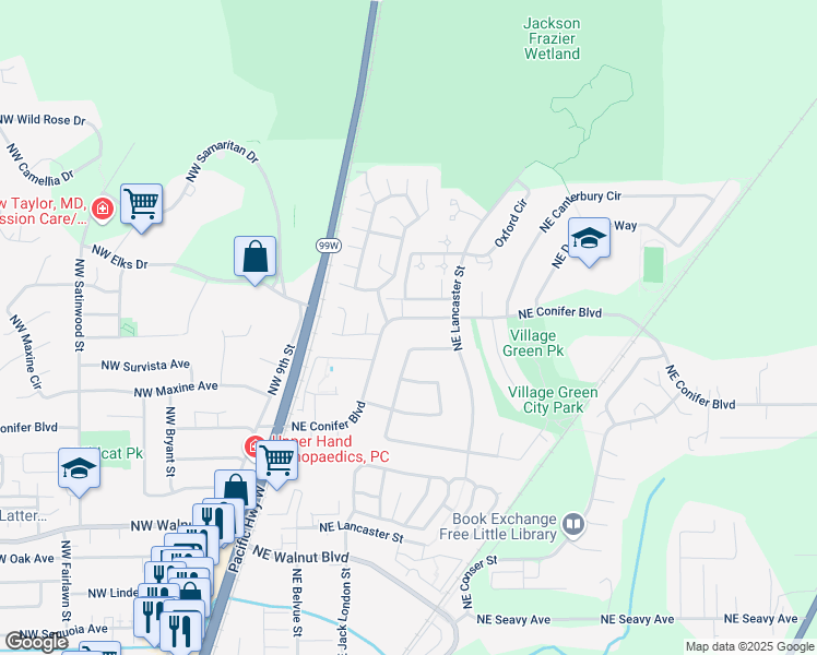 map of restaurants, bars, coffee shops, grocery stores, and more near 302 Northeast Conifer Boulevard in Corvallis