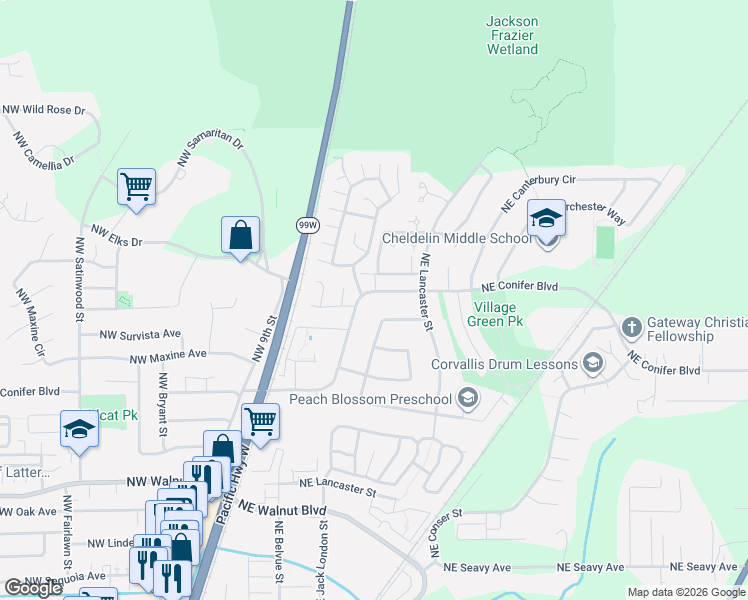 map of restaurants, bars, coffee shops, grocery stores, and more near 302 Northeast Conifer Boulevard in Corvallis