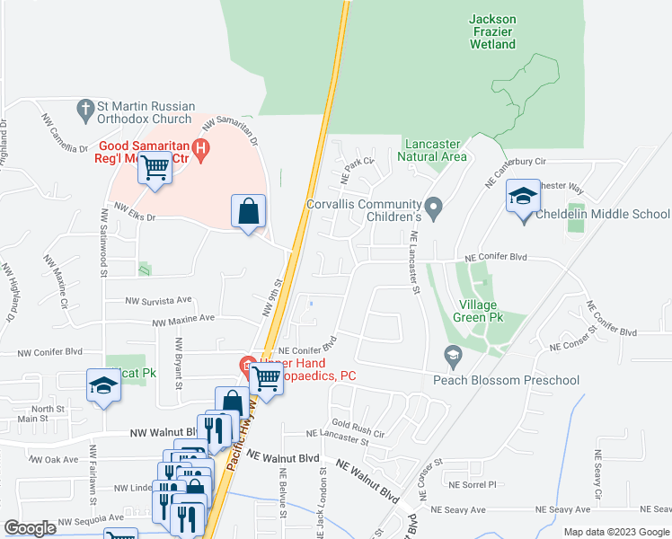 map of restaurants, bars, coffee shops, grocery stores, and more near 3114 Powderhorn Place in Corvallis